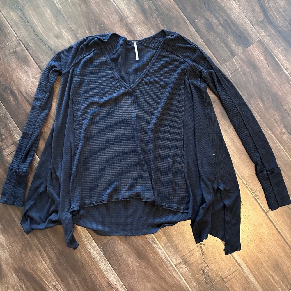Free People We The Free Black Waffle Knit Thermal V-Neck Top Small
